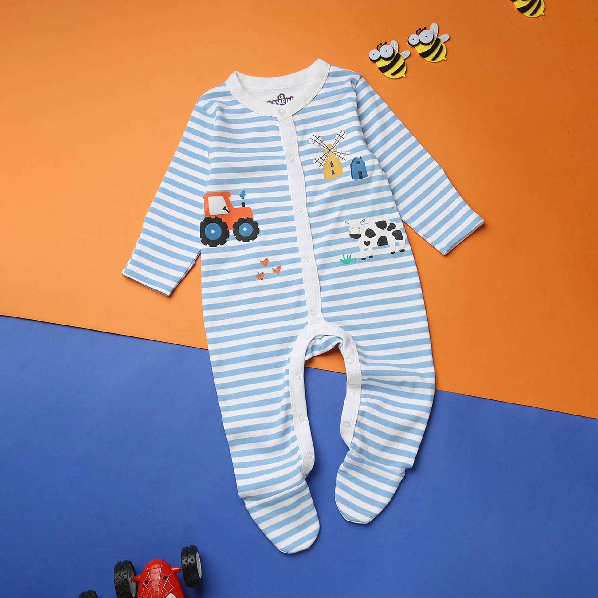 BLUE STRIPED FARMLAND SLEEPSUIT