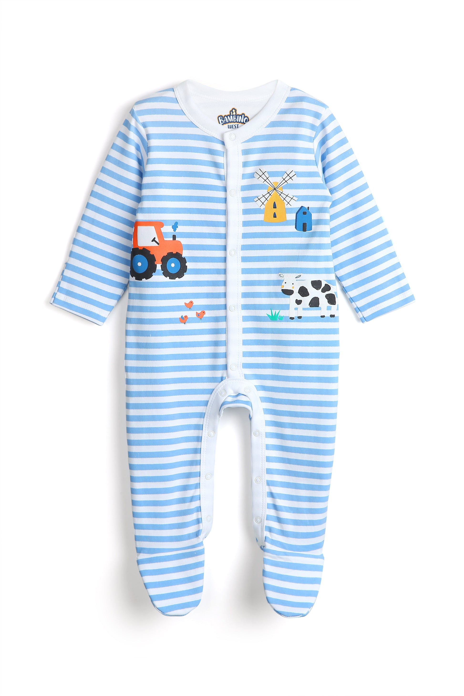 BLUE STRIPED FARMLAND SLEEPSUIT